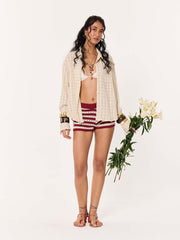 Light Beige Crinkled Checkered Cropped Shirt